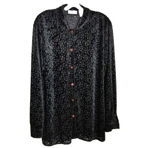 VTG Christie & Jill Women Floral Burnout Velour Blouse ‎ Sz XL Black Button Up